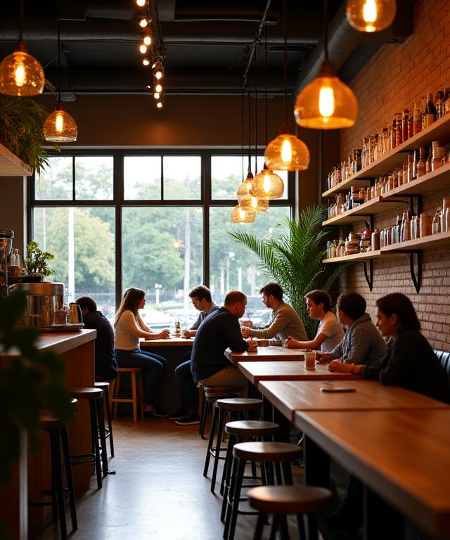 The warm and inviting interior of Kookaburra Grounds, with customers enjoying coffee at wooden tables.