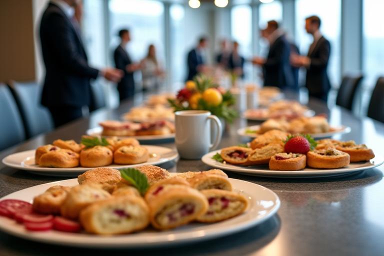 A professional office meeting table with platters of sandwiches, pastries, and carafes of coffee from Kookaburra Grounds.